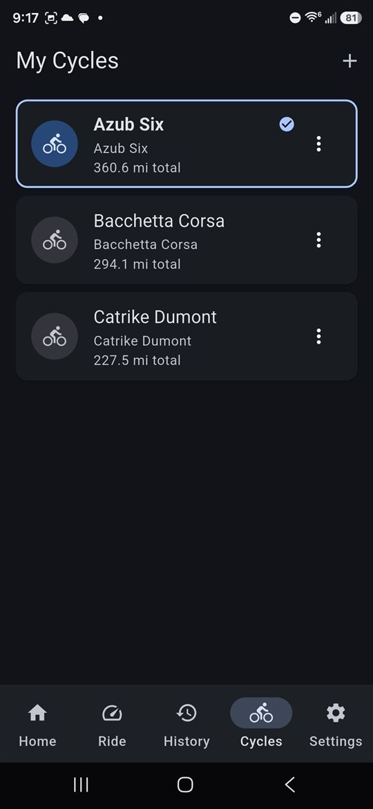My Cycles screen listing cycles with lifetime distance totals