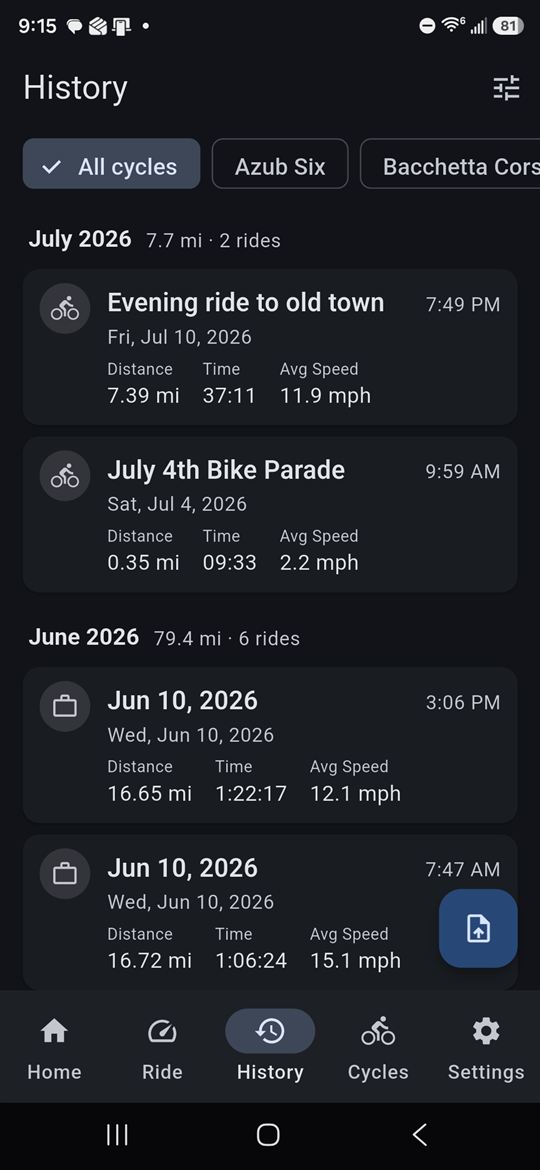 Ride history grouped by month with per-cycle filter chips