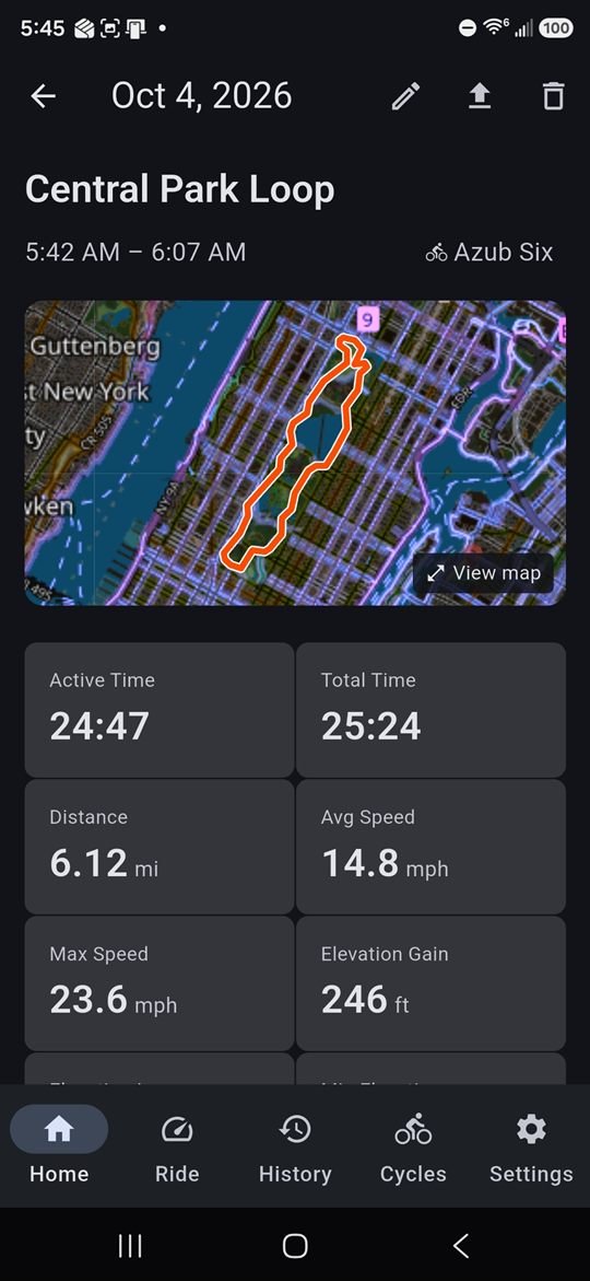 Ride detail for a Central Park loop with the route map, active and total time, distance, average and max speed, and elevation gain