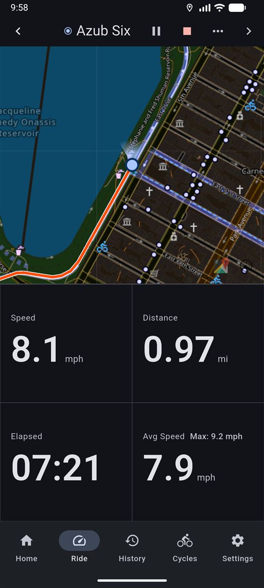 Live map during a ride showing the route so far with speed and distance tiles